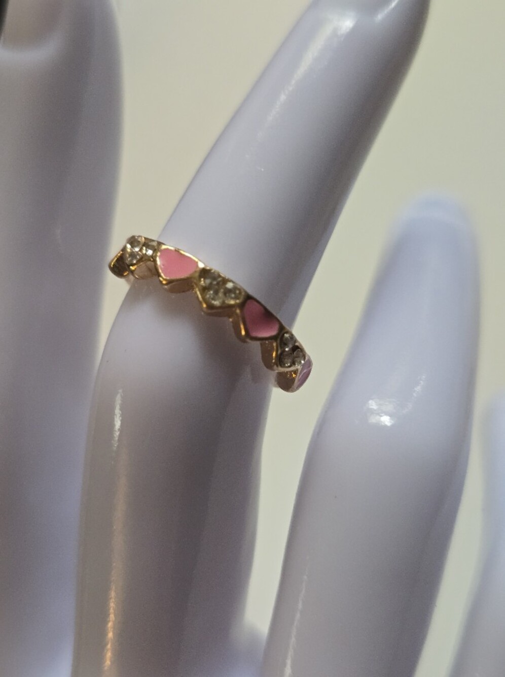 Gold Band Ring with Pink Enamel Hearts and Clear Stones Size 6